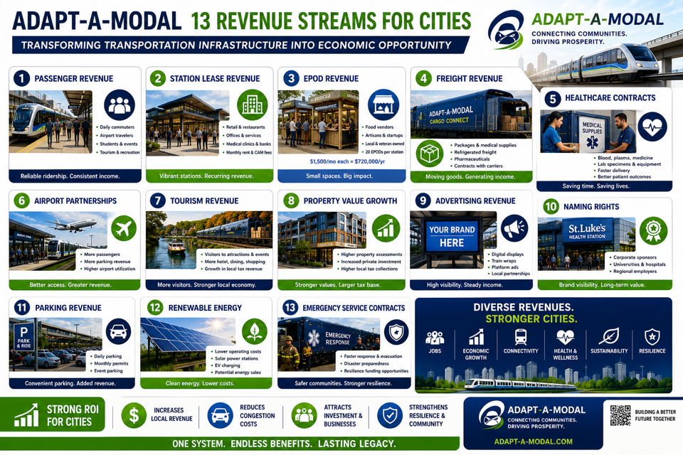 Adapt-a-Modal infographic presenting 13 potential revenue streams for cities, including passenger fares, station leases, local vendor spaces, freight, healthcare contracts, airport partnerships, tourism, property value growth, advertising, naming rights, parking, renewable energy, and emergency service contracts.