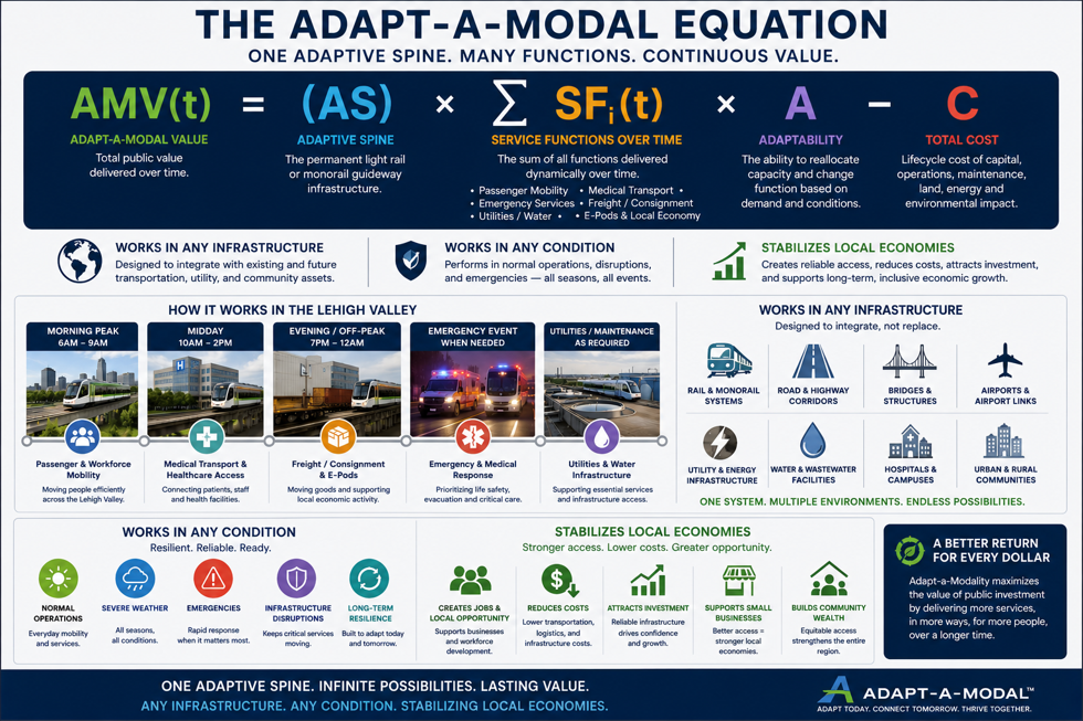 The Adapt-a-Modal Equation infographic, defining Adapt-a-Modal Value over time as the adaptive spine multiplied by the sum of service functions over time multiplied by adaptability, minus total cost. It shows how one adaptive spine — permanent light rail or monorail gateway infrastructure — delivers many service functions including passenger mobility, medical transport, emergency services, freight, consignment, and utilities, working in any infrastructure, in any condition, and stabilizing local economies. It includes a Lehigh Valley daily timeline of morning commute, midday, evening peak, emergency events, and maintenance, plus panels on resilience in normal operations, severe weather, emergencies, and infrastructure disruptions, and on economic benefits such as jobs, reduced costs, attracted investment, supported small businesses, and stronger community resilience for a better return on every dollar.