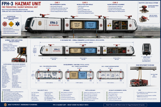 FPH-3 Hazmat Unit infographic showing a three-car fire prevention and hazmat monorail with suppression, water tank, hazmat response, and ground hose deployment.