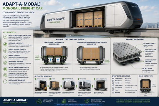 Adapt-a-Modal Monorail Freight Car infographic detailing the consignment freight solution, air jack load transfer system, cargo floor system, and operation sequence.