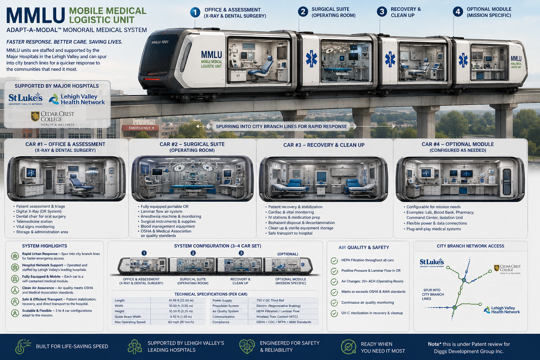 MMLU Mobile Medical Logistic Unit infographic showing a four-car monorail medical system with assessment, surgical suite, recovery, and optional mission modules.