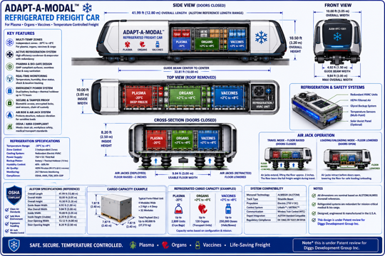 Adapt-a-Modal Refrigerated Freight Car infographic showing a multi-zone cold-chain unit for plasma, organs, and vaccines with side, front, top, and cross-section views and air-jack floor system.