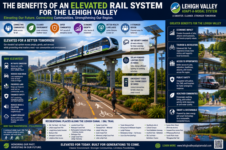 The Benefits of an Elevated Rail System for the Lehigh Valley infographic showing an elevated Adapt-a-Modal train above the Lehigh Canal and D&L Trail with callouts for connecting communities, cleaner environment, safer communities, economic growth, better health and wellness, public safety, tourism, recreation, and solar-powered corridor lighting.