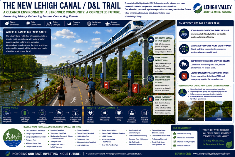 The New Lehigh Canal and D&L Trail infographic showing an elevated Adapt-a-Modal system, a restored canal, a widened recreational trail, solar lighting, security cameras, emergency call phones, and community benefits.