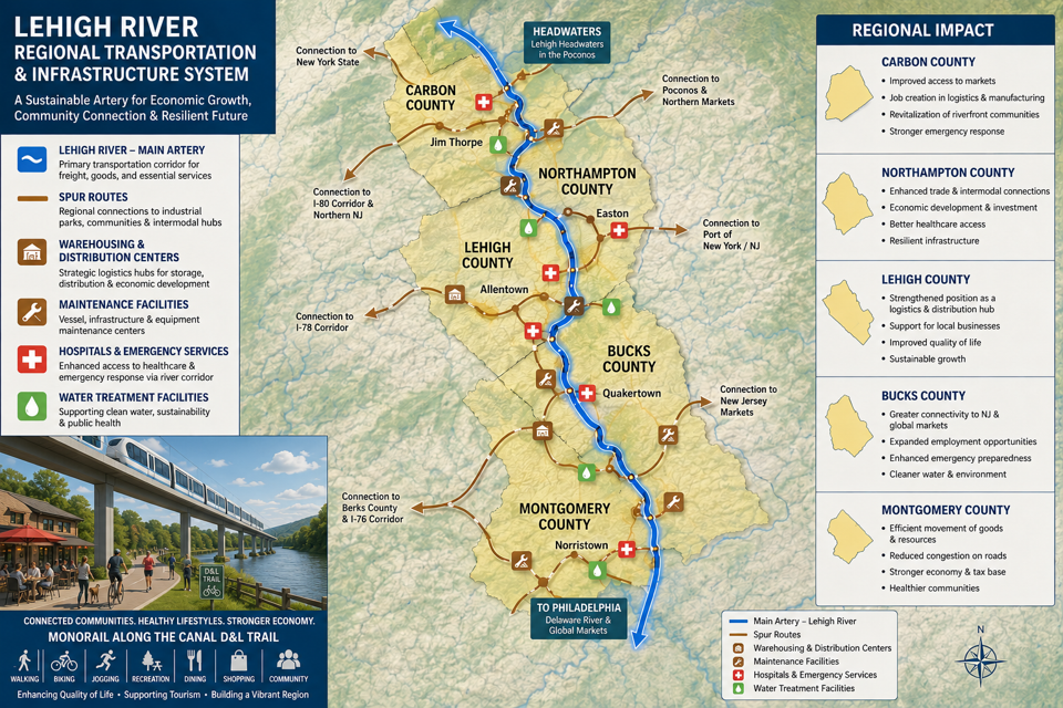 Lehigh River Regional Transportation & Infrastructure System map showing the Lehigh River main artery and spur routes across Carbon, Northampton, Lehigh, Bucks, and Montgomery counties, with headquarters in the Poconos, connections to New York, the Port of New York/NJ, Philadelphia, and the I-78, I-80, and I-476 corridors, a legend of warehousing, maintenance, hospital, and water-treatment facilities, a monorail along the D&L Trail, and a regional-impact summary by county.