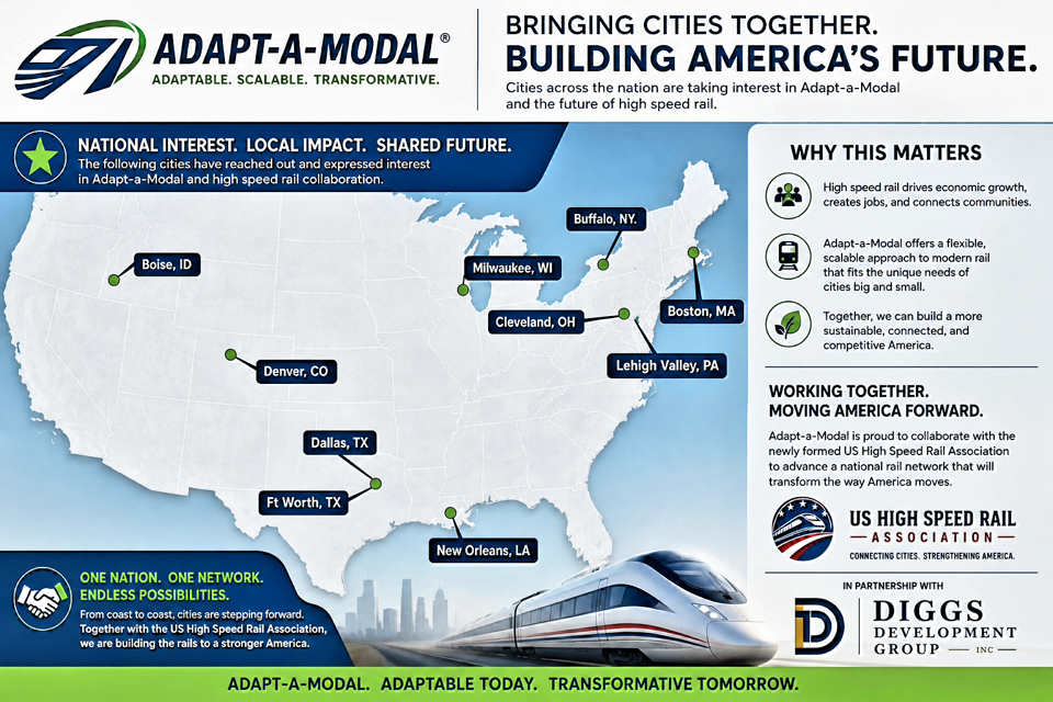 Bringing Cities Together infographic showing a US map of cities interested in Adapt-a-Modal and high speed rail collaboration — Boise, Denver, Dallas, Ft. Worth, New Orleans, Cleveland, Milwaukee, Buffalo, Boston, and Lehigh Valley — alongside a why-this-matters summary and a partnership with the US High Speed Rail Association.