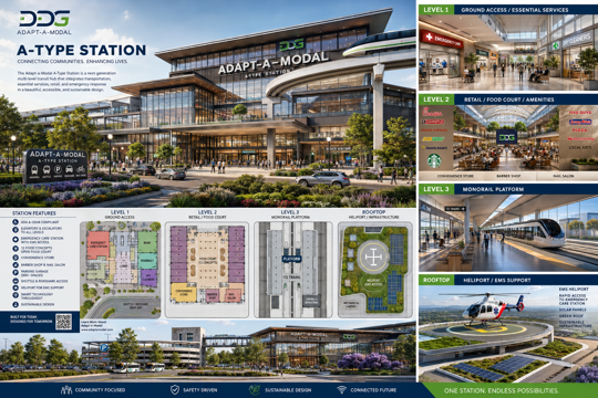 A-Type Station concept infographic showing a regional hub with three levels, retail and food court, monorail platform, and rooftop heliport for EMS support.
