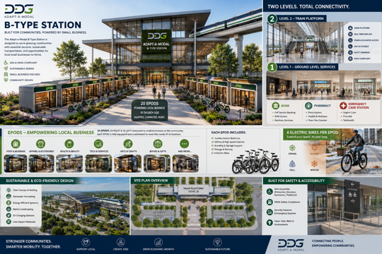B-Type Station concept infographic showing a two-level community station with ground-level services, train platform, and EPODS empowering local business.