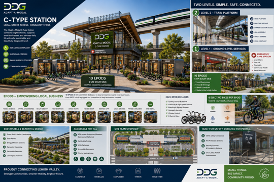 C-Type Station concept infographic showing a compact local street-access station with ground-level services, train platform, and EPODS for local business.